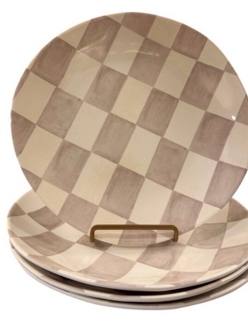 Set 8 Checkered Taupe & Cream Melamine 11" Dinner Plates Plate Shiny Finish NEW
